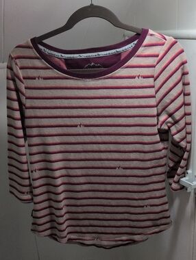 Striped Cream and Pink Long-Sleeve Scoop Neck Tee 3/4 Sleeve